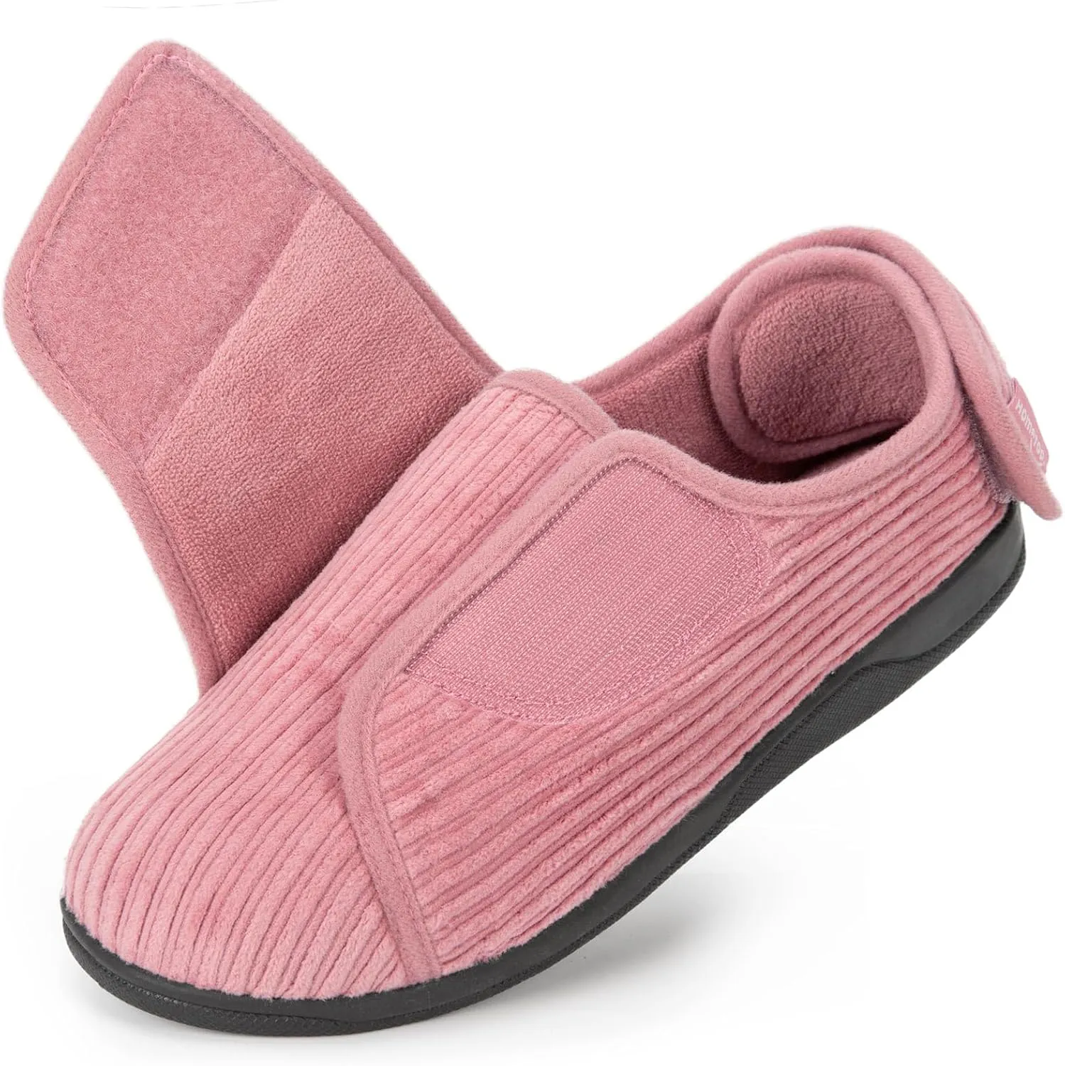 HomeTop Women's Corduroy Slippers Comfy Adjustable Hook and Loop Memory Foam Indoor Closed-back House Shoes for Diabetic Swollen Feet