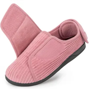 HomeTop Women's Corduroy Slippers Comfy Adjustable Hook and Loop Memory Foam Indoor Closed-back House Shoes for Diabetic Swollen Feet