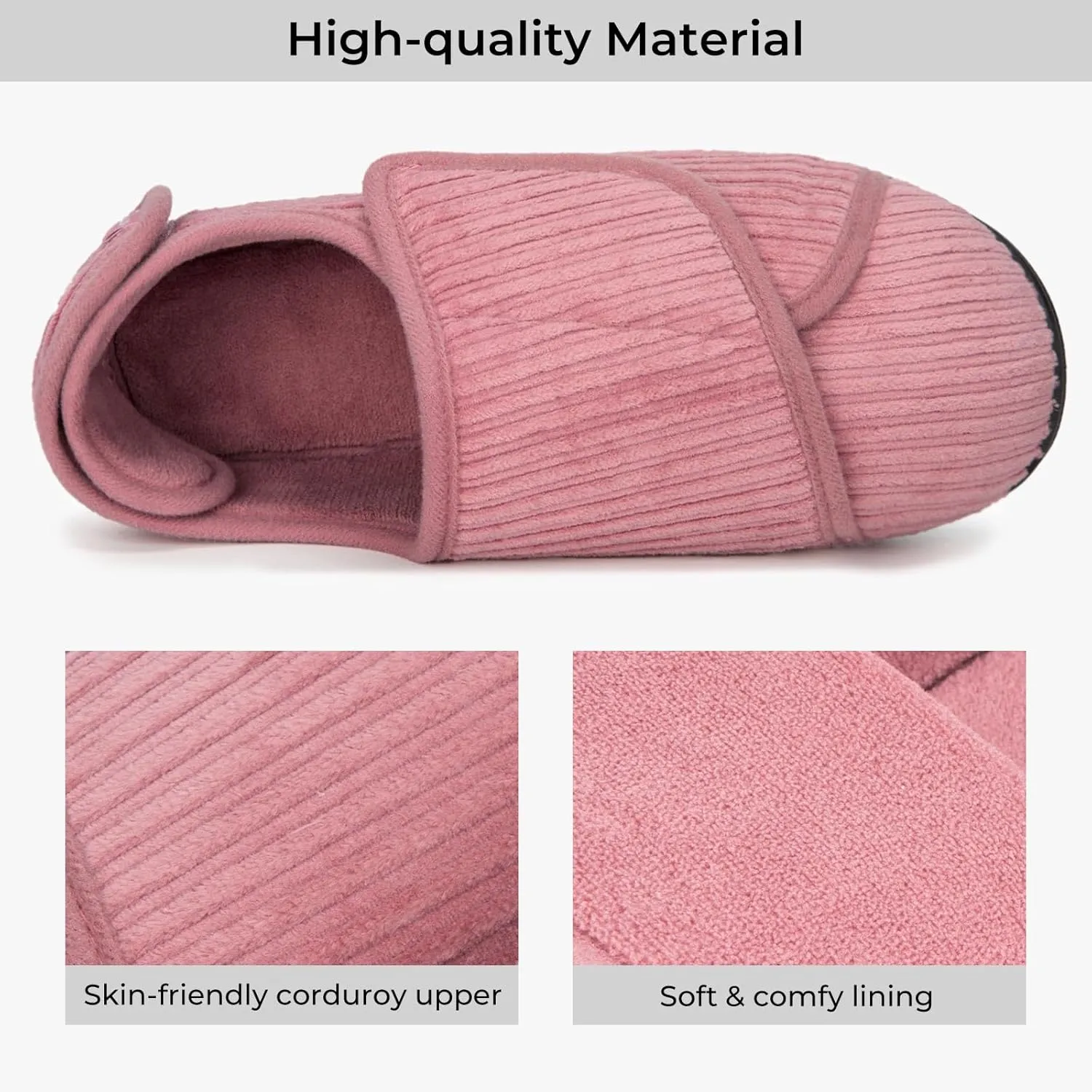 HomeTop Women's Corduroy Slippers Comfy Adjustable Hook and Loop Memory Foam Indoor Closed-back House Shoes for Diabetic Swollen Feet