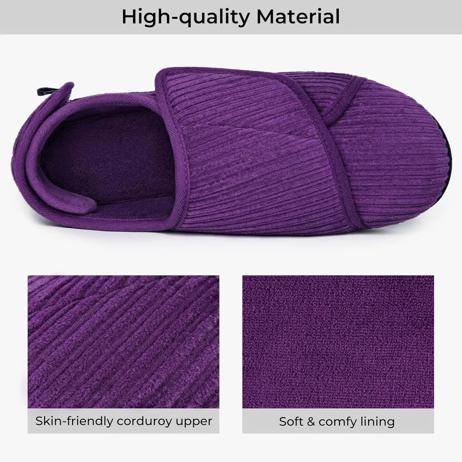 HomeTop Women's Corduroy Slippers Comfy Adjustable Hook and Loop Memory Foam Indoor Closed-back House Shoes for Diabetic Swollen Feet