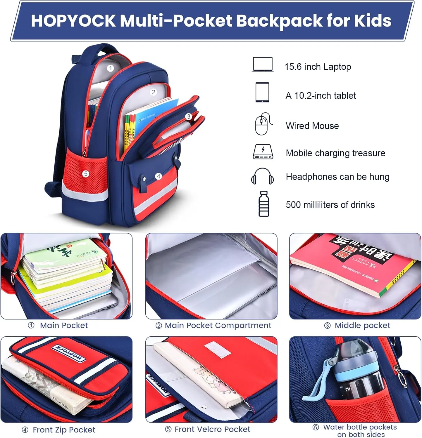 HOPYOCK-School Bags for Boys and Girls,Multi-Pocket Unisex Elementary School Backpack with Reflective Design,Kids Backpacks Fit for 4-12 Years Old