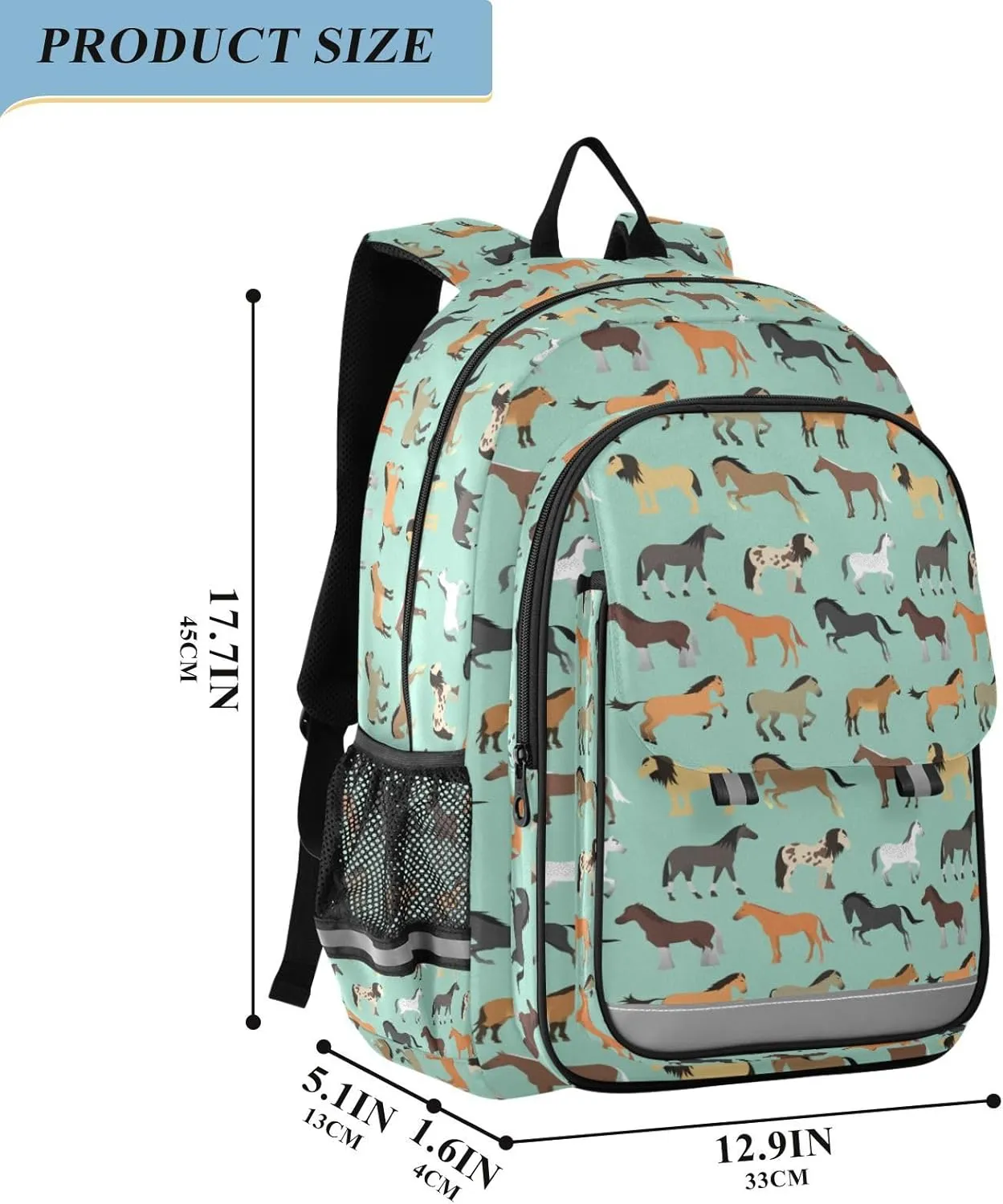 Horse Kids Backpack Elementary Middle School BookBag Travel Bag for Girls Teens Boys Kids 17.7 Inch