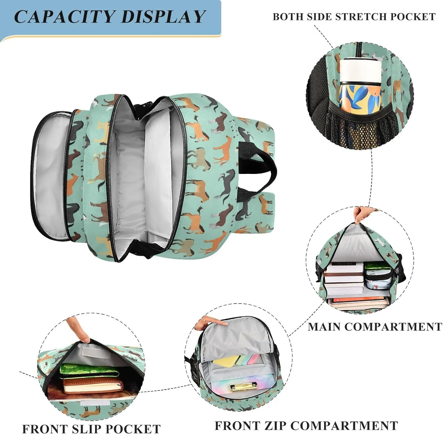 Horse Kids Backpack Elementary Middle School BookBag Travel Bag for Girls Teens Boys Kids 17.7 Inch