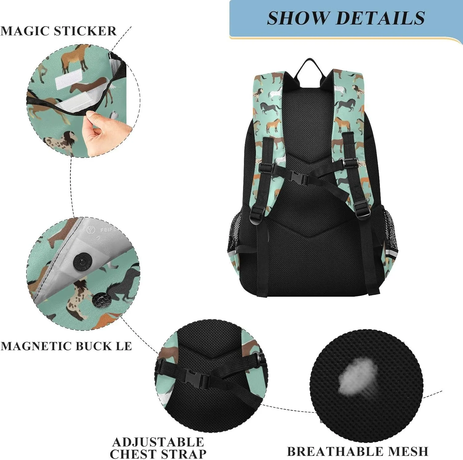 Horse Kids Backpack Elementary Middle School BookBag Travel Bag for Girls Teens Boys Kids 17.7 Inch