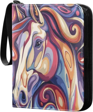 Horse Painting Pattern Card Binder 4-Pocket, 400 Pockets PU Waterproof Zippered Collector Card Album with 50 Removable Sleeves for Trading, Game Cards