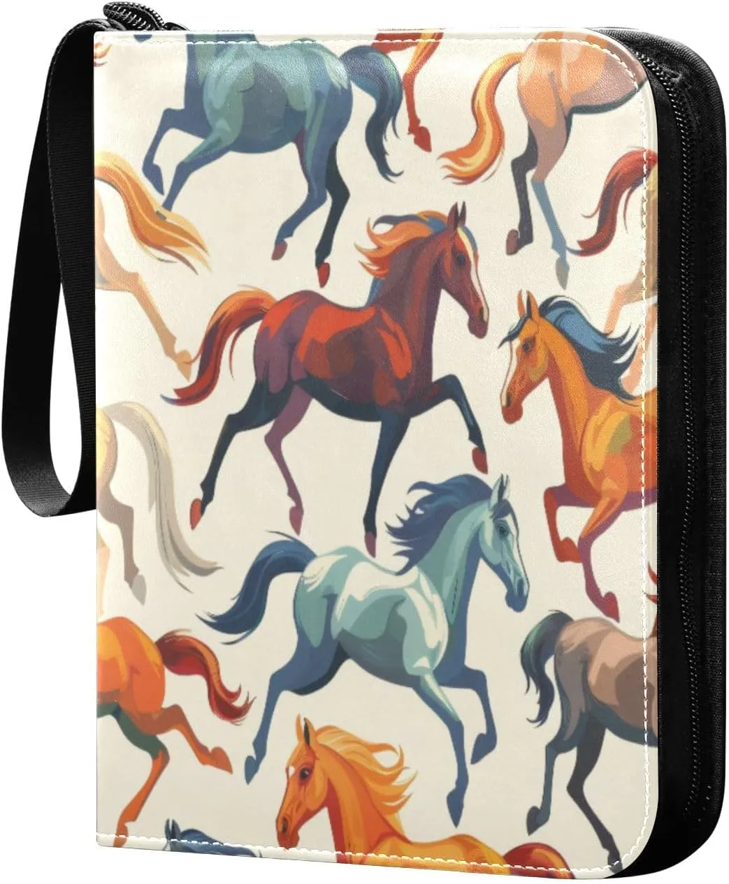 Horse Painting Pattern Card Binder 4-Pocket, 400 Pockets PU Waterproof Zippered Collector Card Album with 50 Removable Sleeves for Trading, Game Cards