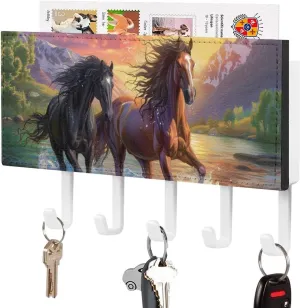Horses Running in River Sunset Novelty Key Holder Printed Keys Hook Mail Organizer Hanging Rack Decor with 5 Hooks for Wall