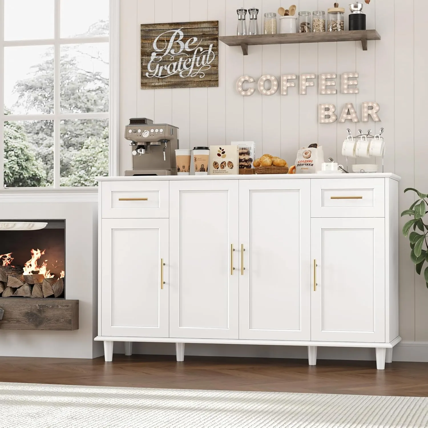HOSTACK 55" Modern Sideboard Buffet Cabinet with Storage, Large Kitchen Buffet Storage Cabinet with Drawers and Shelves, Wood Coffee Bar with Gold Handles for Kitchen, Living Room, White