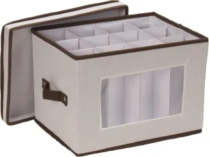 Household Essentials Natural 544 Stemware Storage Box with Lid and Handles | Champagne Glasses Canvas with Brown Trim