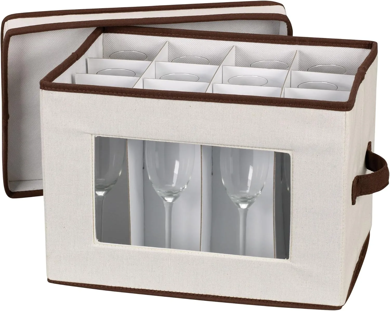 Household Essentials Natural 544 Stemware Storage Box with Lid and Handles | Champagne Glasses Canvas with Brown Trim