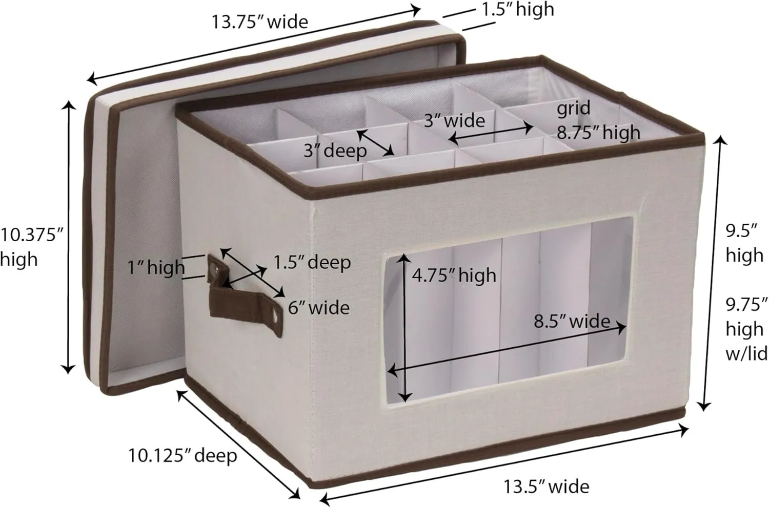 Household Essentials Natural 544 Stemware Storage Box with Lid and Handles | Champagne Glasses Canvas with Brown Trim