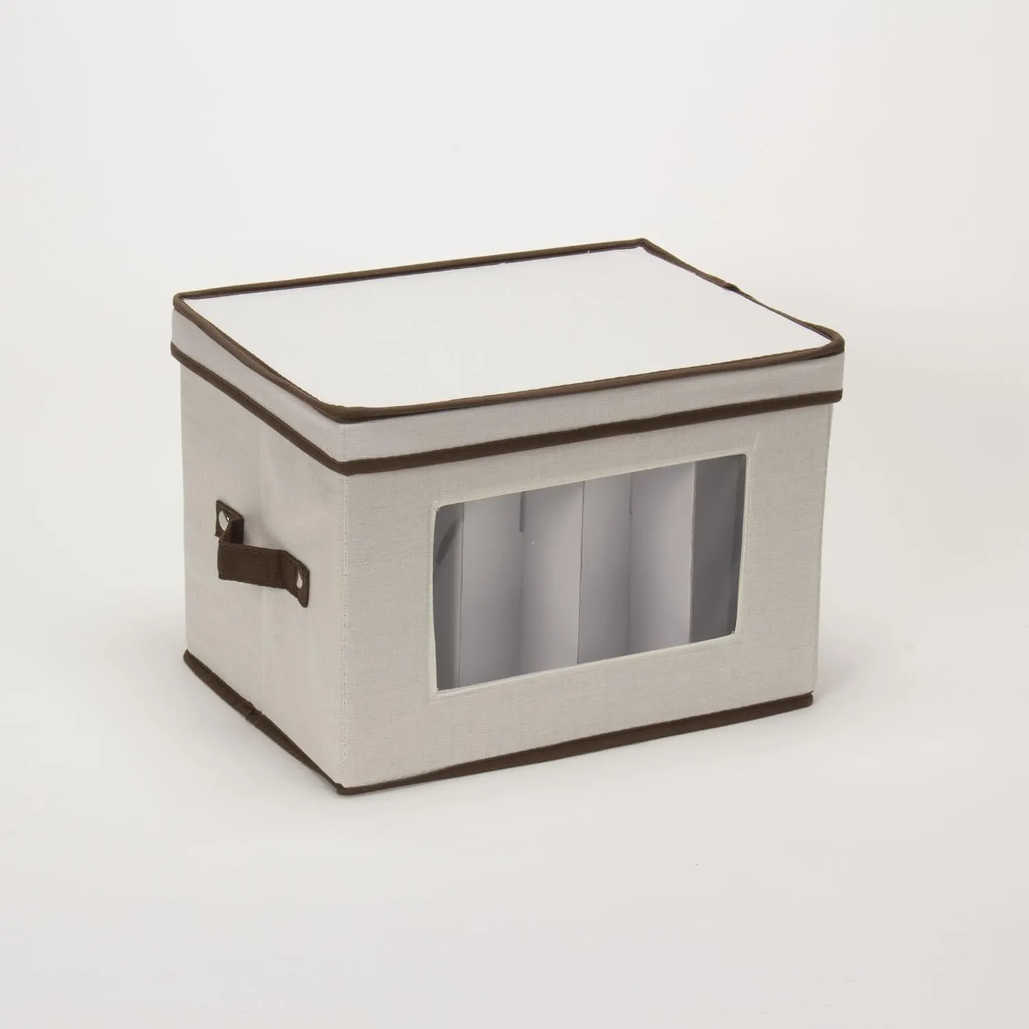 Household Essentials Natural 544 Stemware Storage Box with Lid and Handles | Champagne Glasses Canvas with Brown Trim
