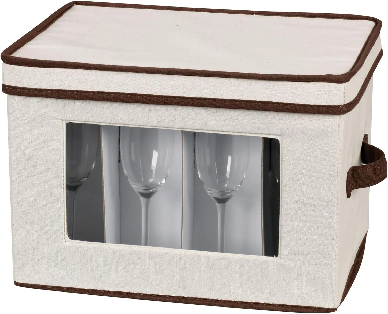 Household Essentials Natural 544 Stemware Storage Box with Lid and Handles | Champagne Glasses Canvas with Brown Trim