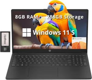 HP 15.6" HD Laptop, Intel N200 Processor, 8GB RAM, 288GB Storage(128GB SSD 160GB Docking Station Set), Intel UHD Graphics, Numeric Keypad, HD Webcam, Wi-Fi 6, 1 Year Office 365, Win 11 S, Black