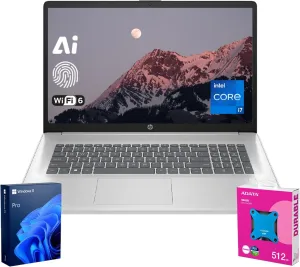 HP 2025 Flagship i7 Copilot AI Business Laptop, 17.3" FHD Display, Intel Core i7, 64GB RAM, 2TB SSD, Fingerprint Reader, HDMI, Wi-Fi 6, Backlit KB, W11P, Silver, with ADATA 512GB External SSD Bundle