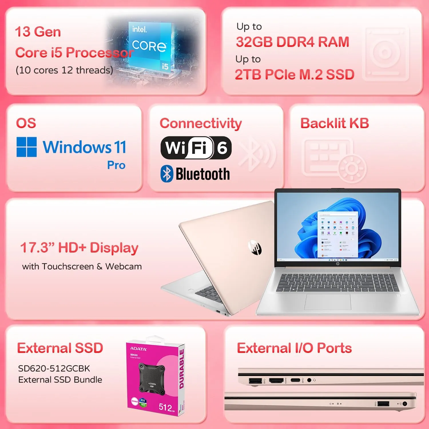HP Essential Business Laptop | 17.3" HD  Touchscreen | Intel Core i5-1334U | 16GB RAM | 1TB SSD | Wi-Fi 6 | Backlit KB | Webcam | FP Reader | Windows 11 Pro | ADATA 512 External SSD Bundle | Gold
