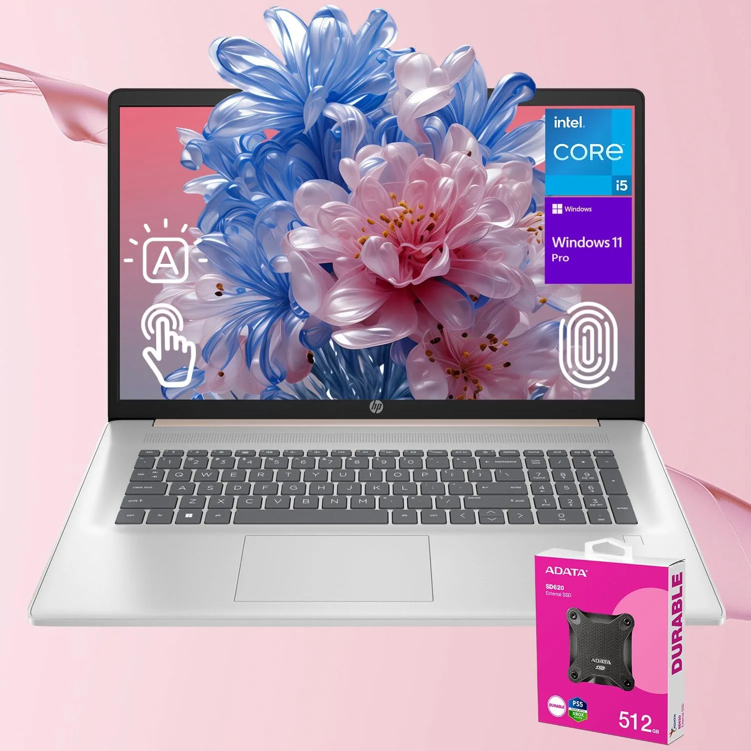 HP Essential Business Laptop | 17.3" HD  Touchscreen | Intel Core i5-1334U | 16GB RAM | 1TB SSD | Wi-Fi 6 | Backlit KB | Webcam | FP Reader | Windows 11 Pro | ADATA 512 External SSD Bundle | Gold