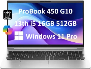 HP ProBook 450 G10 Business Laptop (15.6" FHD Anti-Glare, Intel 10-Core i5-1334U, 16GB RAM, 512GB SSD, (Beats i7-1255U)) Backlit KB, Webcam, Ethernet, Wi-Fi 6E, Win 11 Pro w/ AI Copilot, Silver