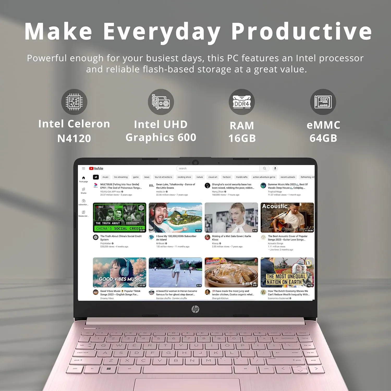HP Stream 14" HD BrightView Laptop, Intel Celeron N4120 Processor, 16GB RAM, 64GB Storage, Intel HD Graphics, Webcam, 1 Year Office 365, Pink, Windows 11 S, 32GB Hotface USB Card