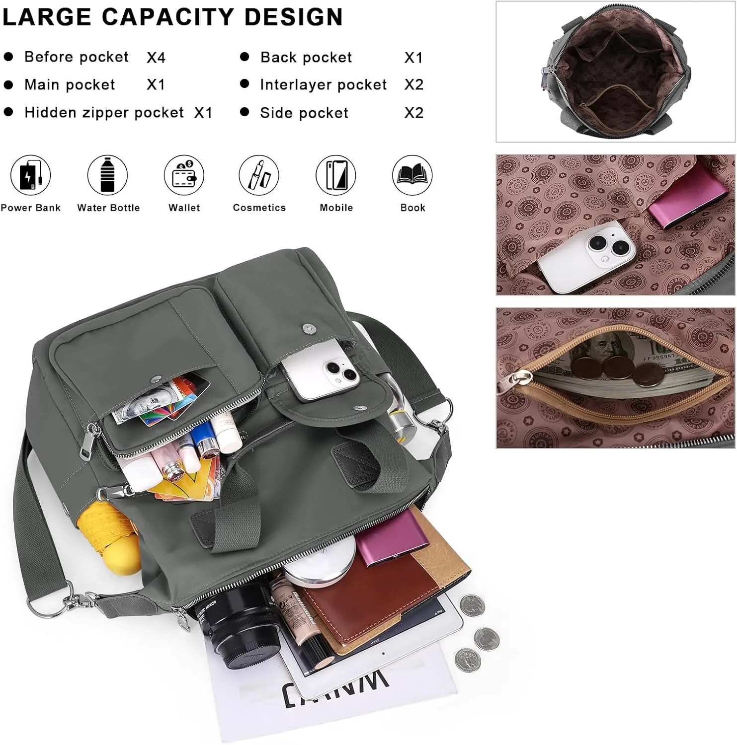 HUA ANGEL Women's Top-handle Handbags Nylon Crossbody Bag Multi Pocket Purses Women for Travel Work Sport Shopping Everyday