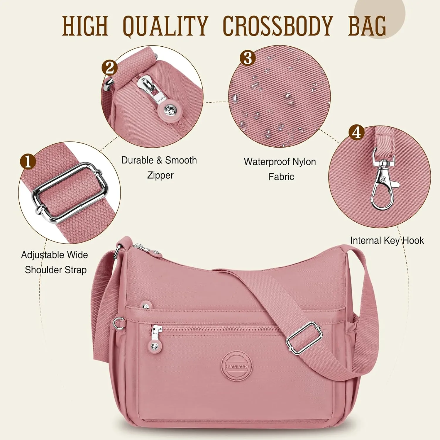 HUANLANG Nylon Crossbody Bags for Women Large Lightweight Travel Purse Women's Pocketbooks Multi Pocket Shoulder Bag