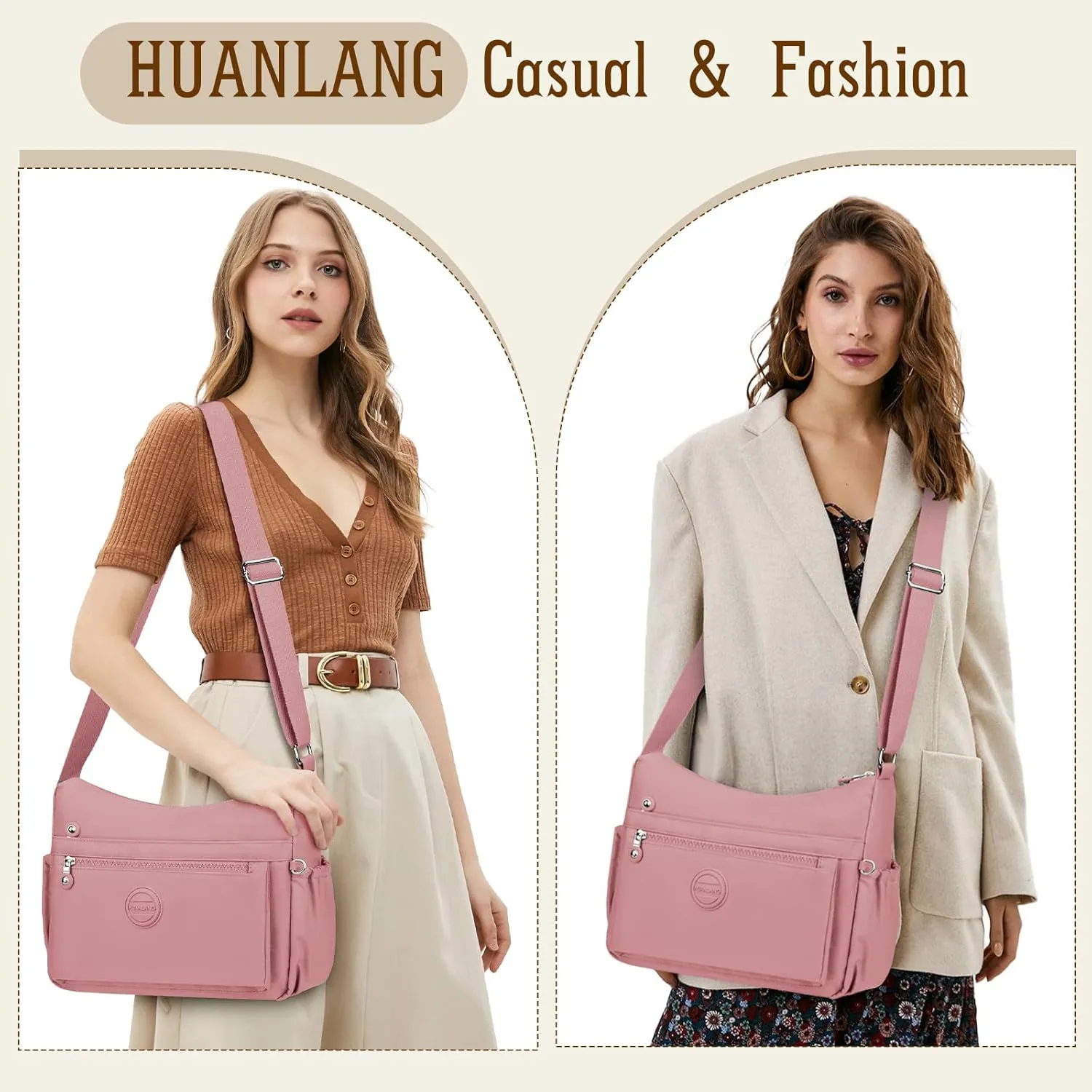 HUANLANG Nylon Crossbody Bags for Women Large Lightweight Travel Purse Women's Pocketbooks Multi Pocket Shoulder Bag