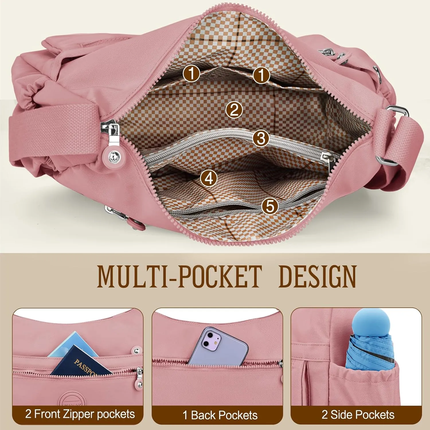 HUANLANG Nylon Crossbody Bags for Women Large Lightweight Travel Purse Women's Pocketbooks Multi Pocket Shoulder Bag