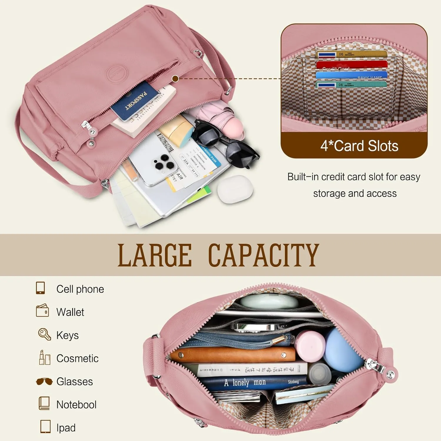 HUANLANG Nylon Crossbody Bags for Women Large Lightweight Travel Purse Women's Pocketbooks Multi Pocket Shoulder Bag