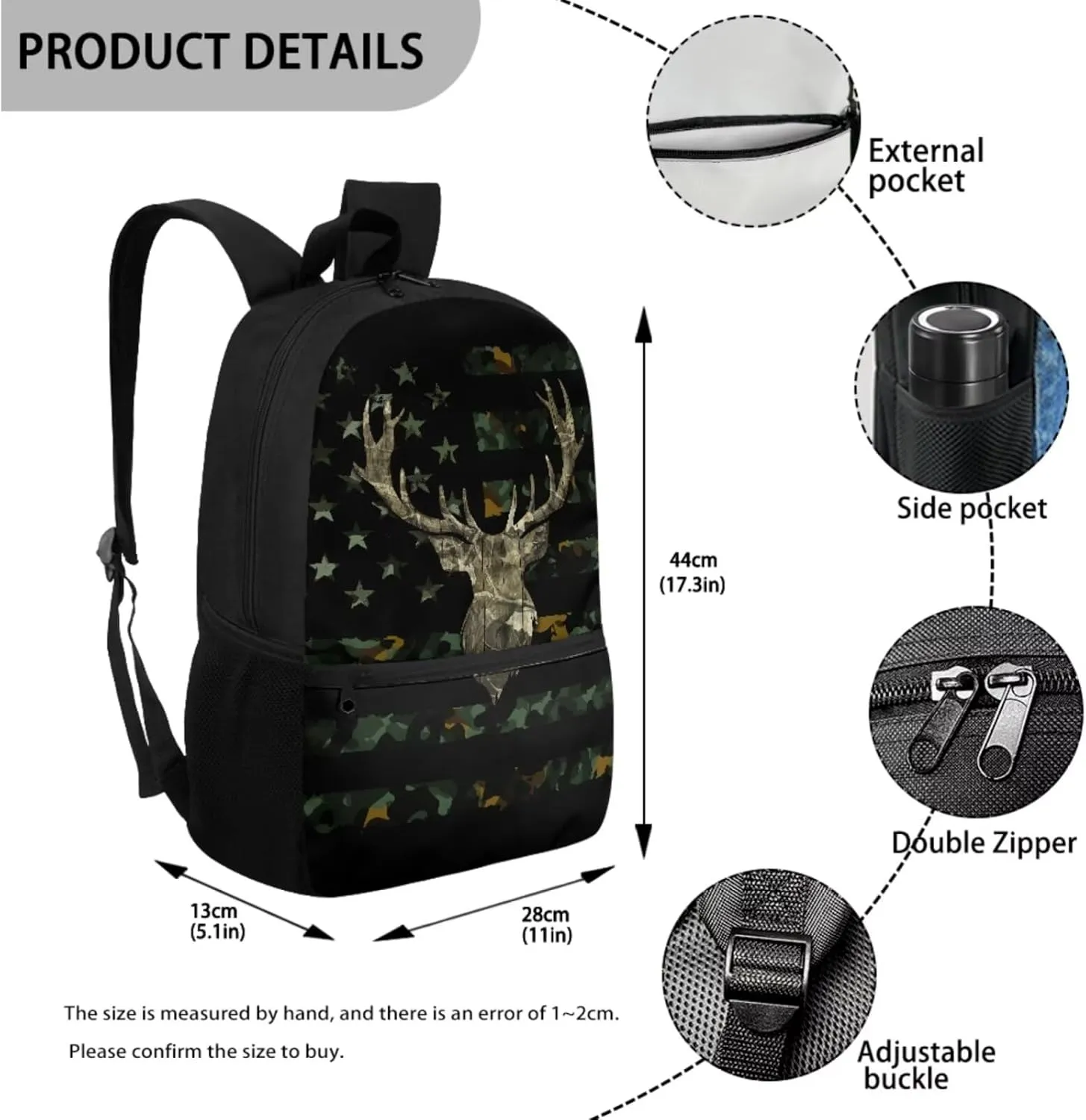 HUIACONG Deer Camo Bookbag for Boys Backpacks with Lunch Box Set American Flag School Bag Kindergarten Elementary Middle Book Bag Pencil Case Water Bottle Holder