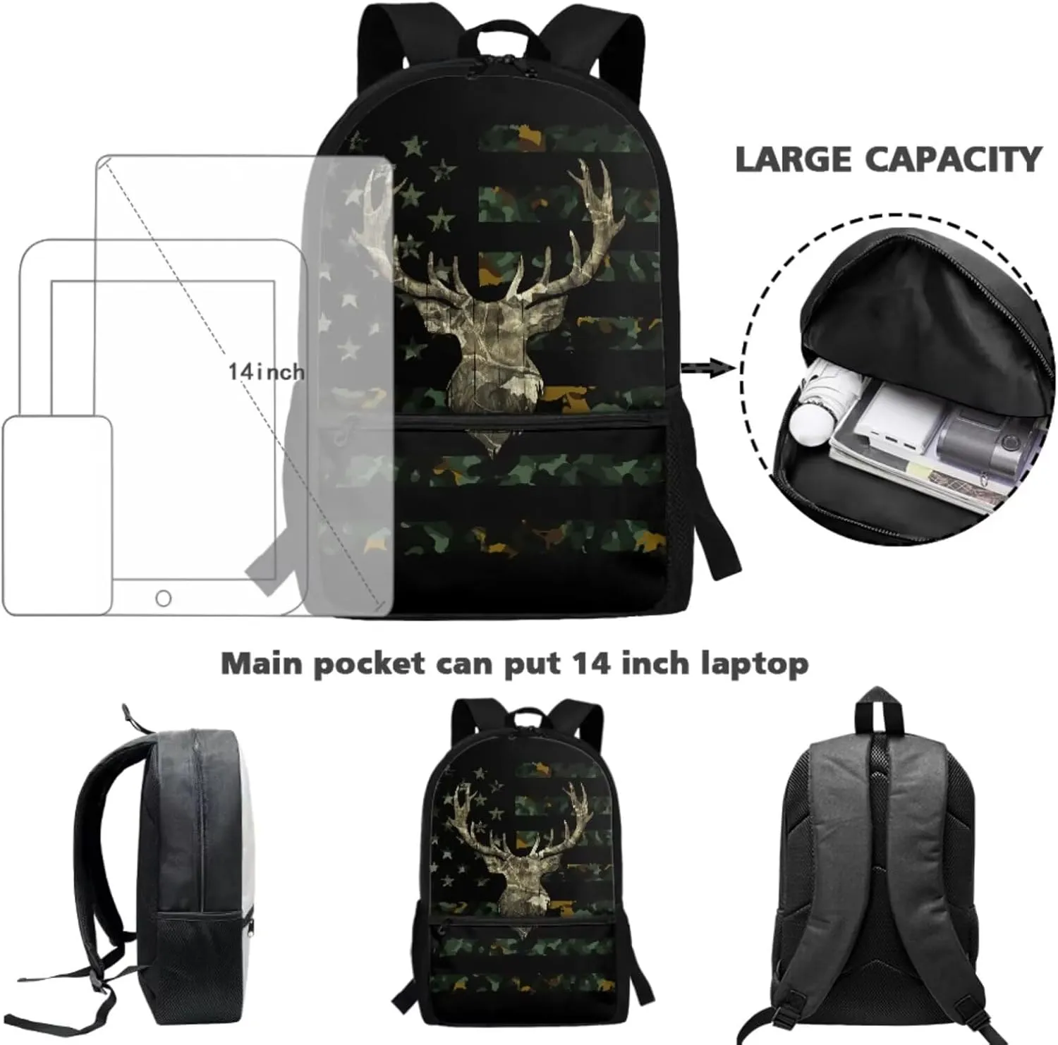 HUIACONG Deer Camo Bookbag for Boys Backpacks with Lunch Box Set American Flag School Bag Kindergarten Elementary Middle Book Bag Pencil Case Water Bottle Holder