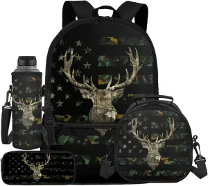 HUIACONG Deer Camo Bookbag for Boys Backpacks with Lunch Box Set American Flag School Bag Kindergarten Elementary Middle Book Bag Pencil Case Water Bottle Holder