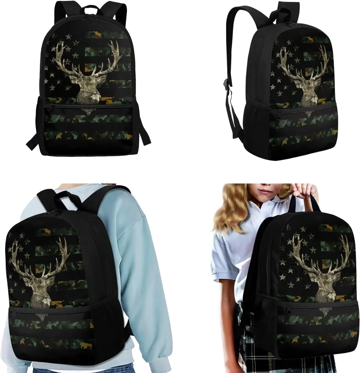 HUIACONG Deer Camo Bookbag for Boys Backpacks with Lunch Box Set American Flag School Bag Kindergarten Elementary Middle Book Bag Pencil Case Water Bottle Holder