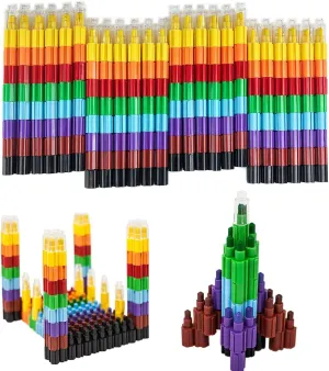Huji Stacking Buildable 8 Colors Crayons Set, Connect Stack and Build Sideways and Up, Favorite Toys Kids Children Party Favors School Supplies Safe Non-Toxic, Easy to Hold (24)