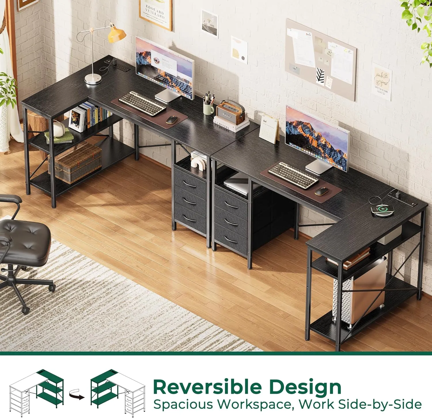 Huuger L Shaped Office Desk with Power Outlets, 47 Inch Computer Desk with 3 Drawers, Shelves, for Gaming, Corner Work, Home Office, Study, Black