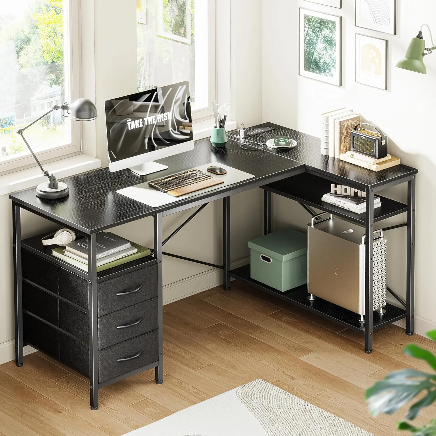 Huuger L Shaped Office Desk with Power Outlets, 47 Inch Computer Desk with 3 Drawers, Shelves, for Gaming, Corner Work, Home Office, Study, Black