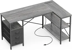 Huuger L Shaped Office Desk with Power Outlets, 47 Inch Computer Desk with 3 Drawers, Shelves, for Gaming, Corner Work, Home Office, Study, Grey