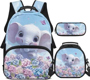 Hydrangea Elephant Backpack for Girls 3 Pcs Bookbag for Girls 4-6 Large Capacity Kids School Backpack with Lunch Bag for Primary School Satchel Bag