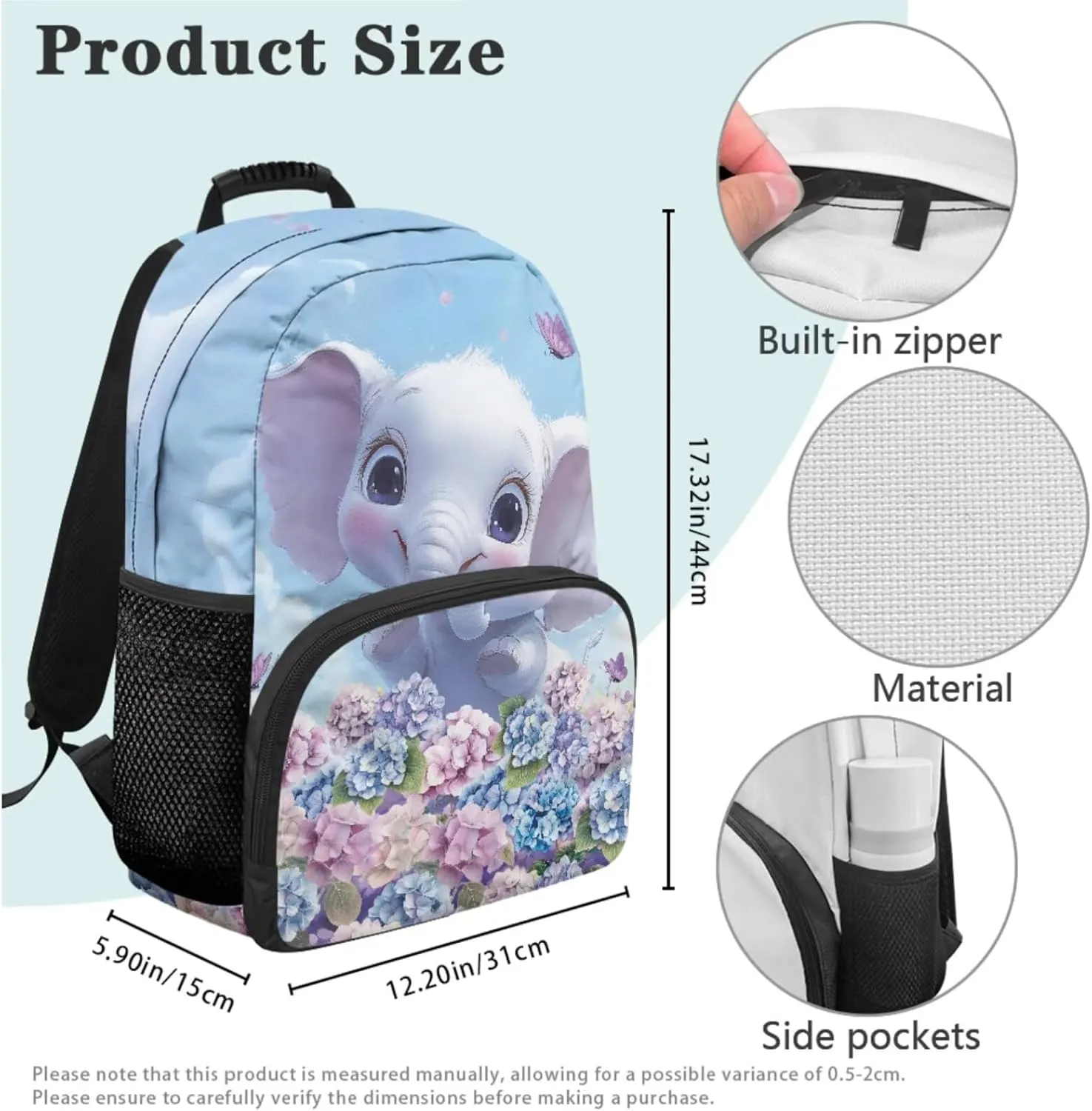 Hydrangea Elephant Backpack for Girls 3 Pcs Bookbag for Girls 4-6 Large Capacity Kids School Backpack with Lunch Bag for Primary School Satchel Bag