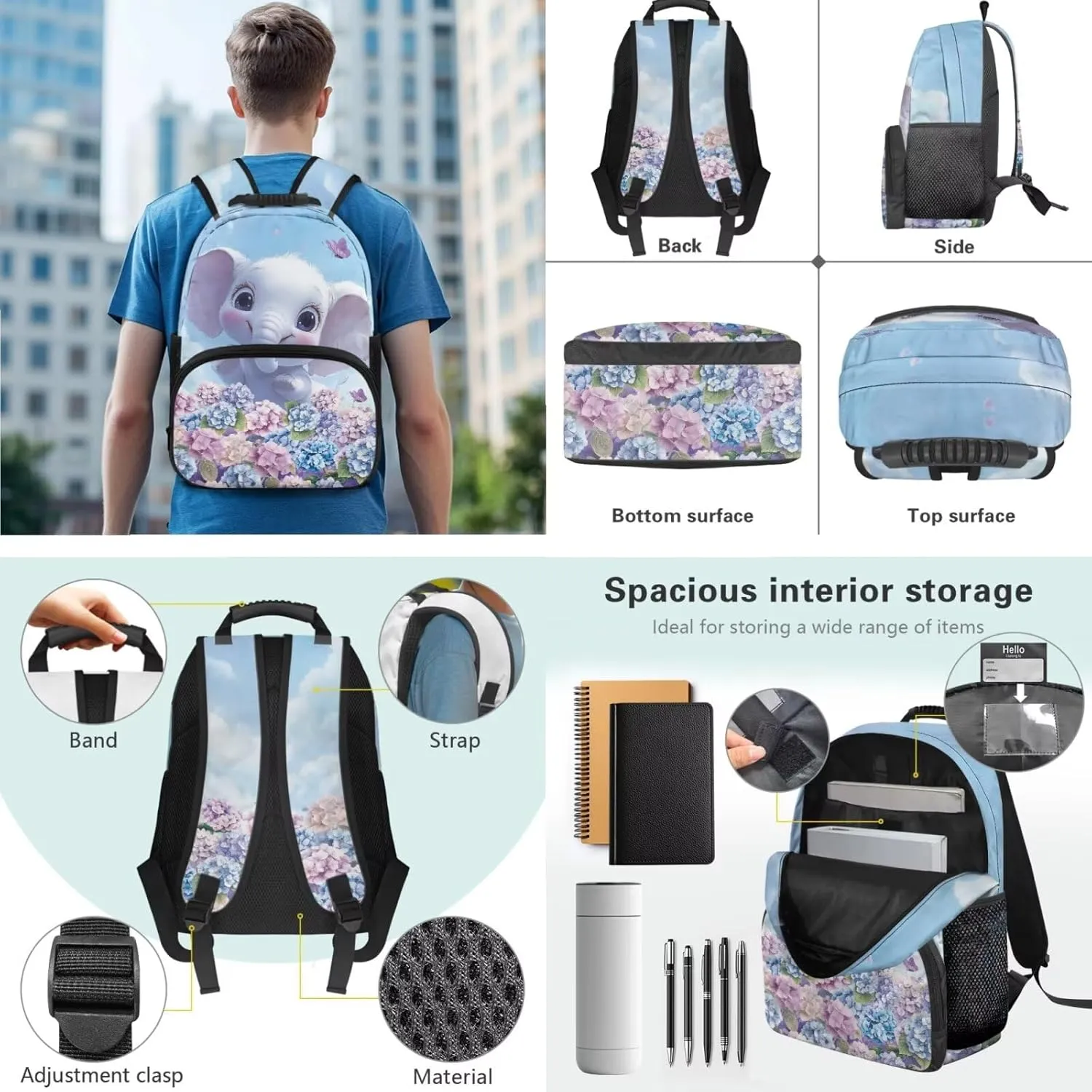 Hydrangea Elephant Backpack for Girls 3 Pcs Bookbag for Girls 4-6 Large Capacity Kids School Backpack with Lunch Bag for Primary School Satchel Bag