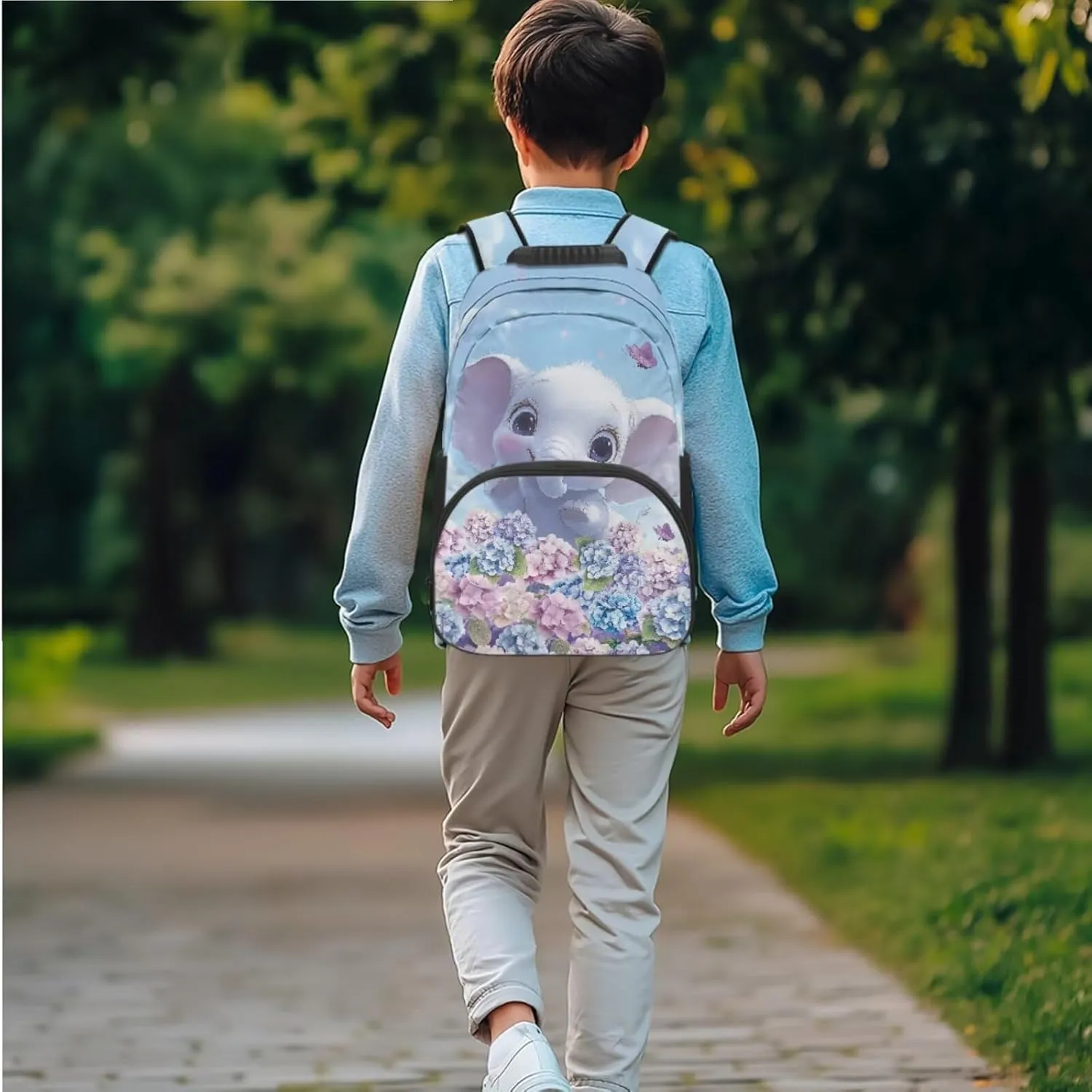 Hydrangea Elephant Backpack for Girls 3 Pcs Bookbag for Girls 4-6 Large Capacity Kids School Backpack with Lunch Bag for Primary School Satchel Bag
