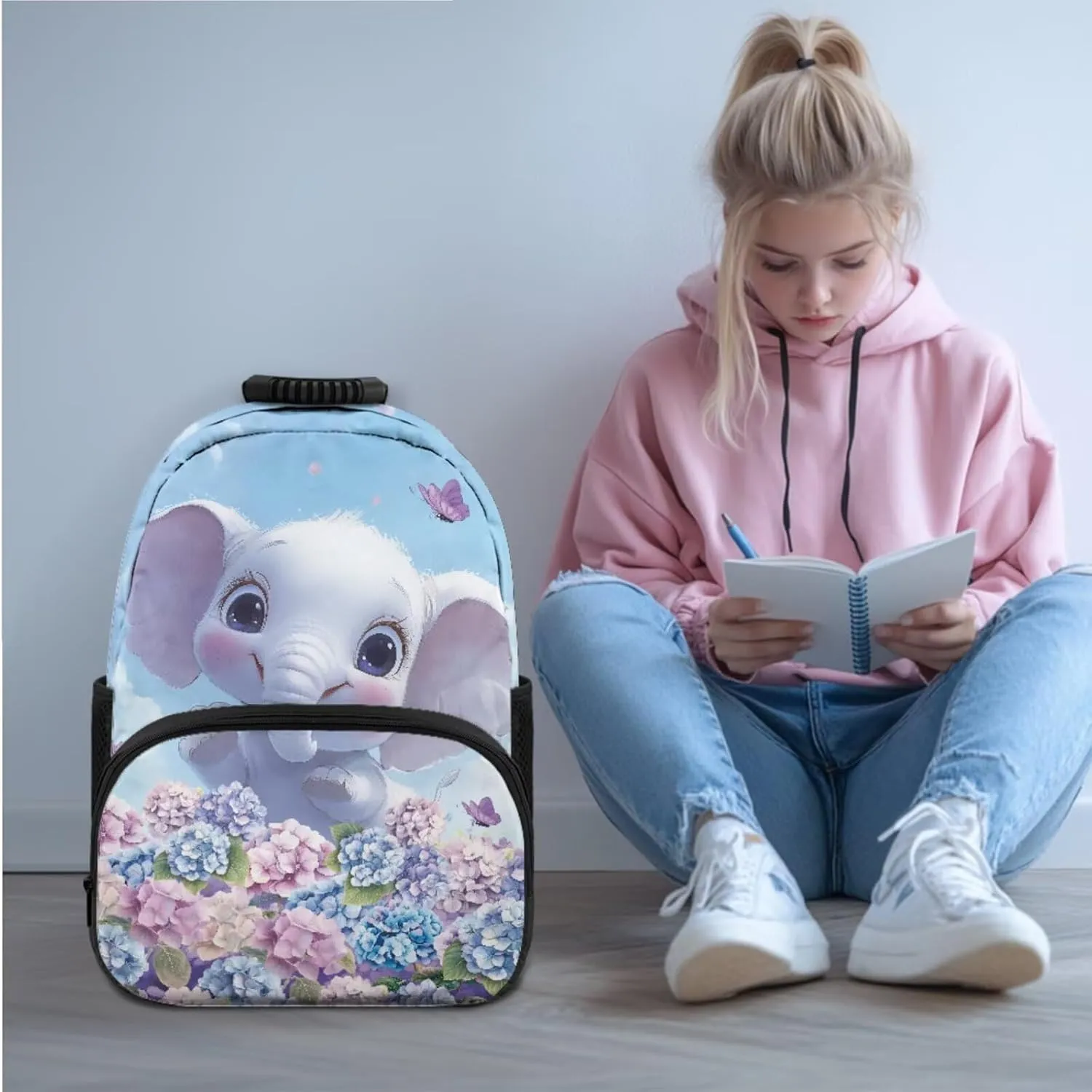 Hydrangea Elephant Backpack for Girls 3 Pcs Bookbag for Girls 4-6 Large Capacity Kids School Backpack with Lunch Bag for Primary School Satchel Bag