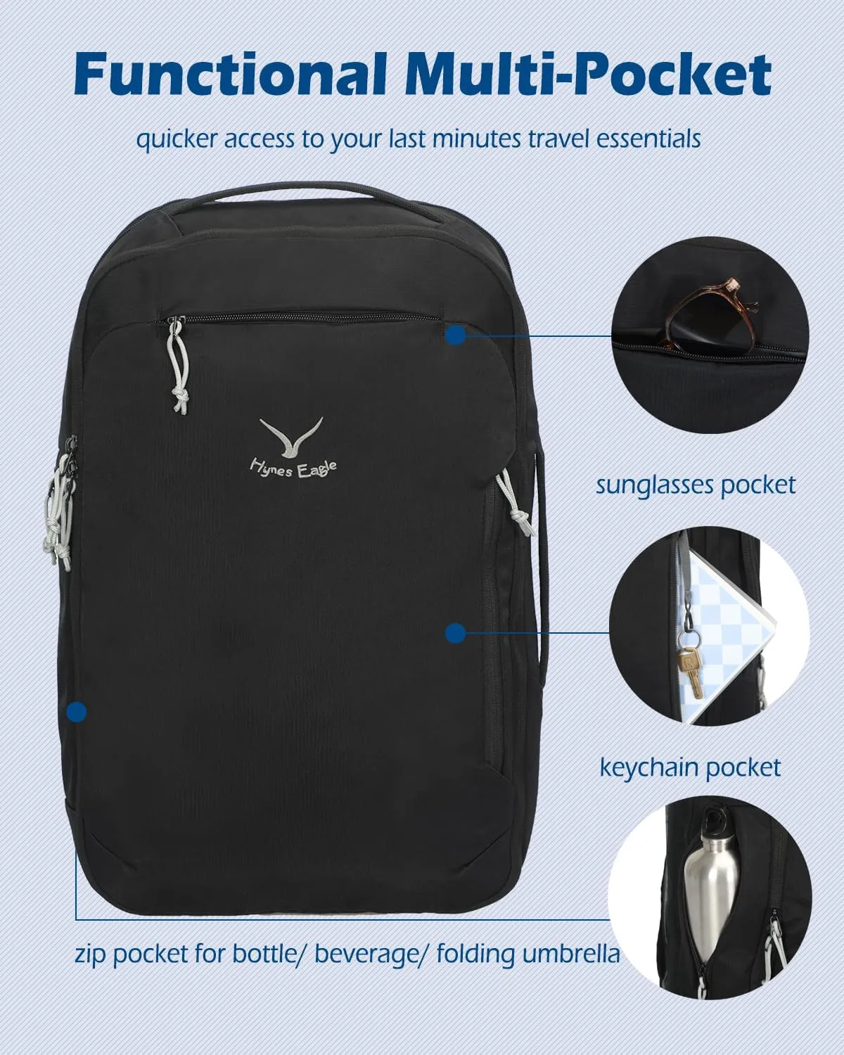 Hynes Eagle TSA Friendly Travel Backpack for Men Women Carry on Backpack 40L Flight Approved Laptop Backpack for 17 inches Compressible Weekender Bag Overnight Backpack Jet Black