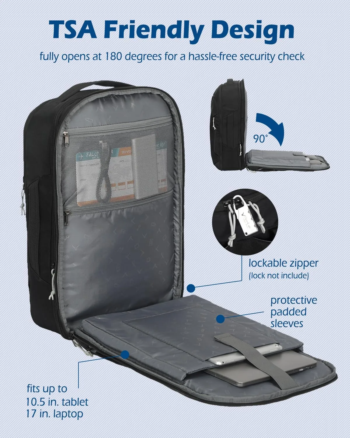 Hynes Eagle TSA Friendly Travel Backpack for Men Women Carry on Backpack 40L Flight Approved Laptop Backpack for 17 inches Compressible Weekender Bag Overnight Backpack Jet Black