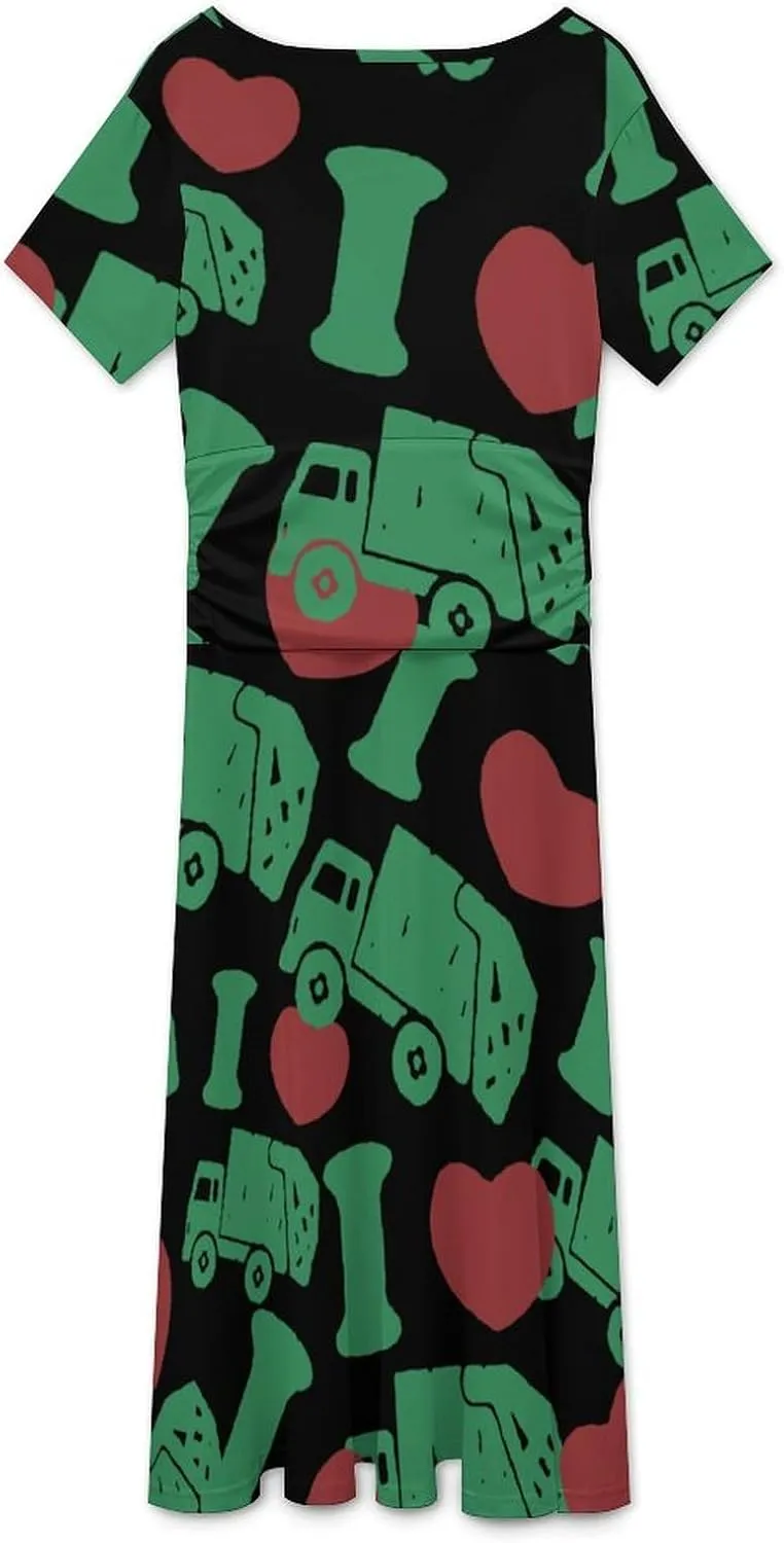 I Love Trash Garbage Trucks Women's Midi Dress Short Sleeve Dresses V Neck Sundress Casual Summer