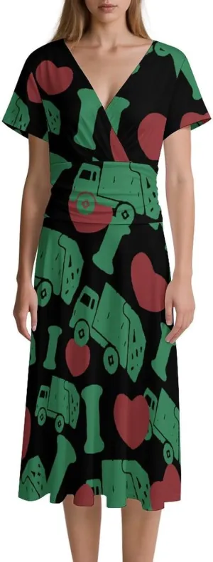 I Love Trash Garbage Trucks Women's Midi Dress Short Sleeve Dresses V Neck Sundress Casual Summer