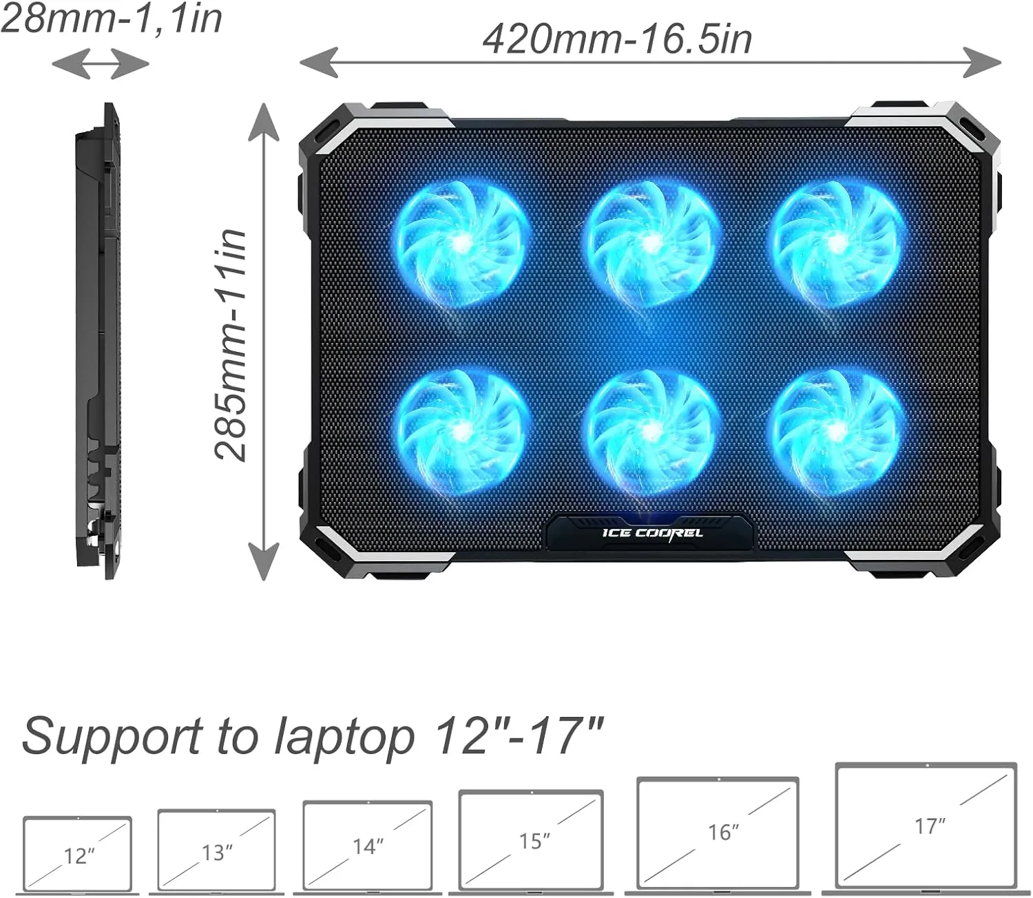 ICE COOREL Laptop Cooling Pad with 6 Cooling Fans, Cooling Pad for Laptop Fan 13-15.6 Inch, Laptop Cooler Stand with 6 Height Adjustable, Notebook Cooler Pad with Two USB Port [2022 Version]