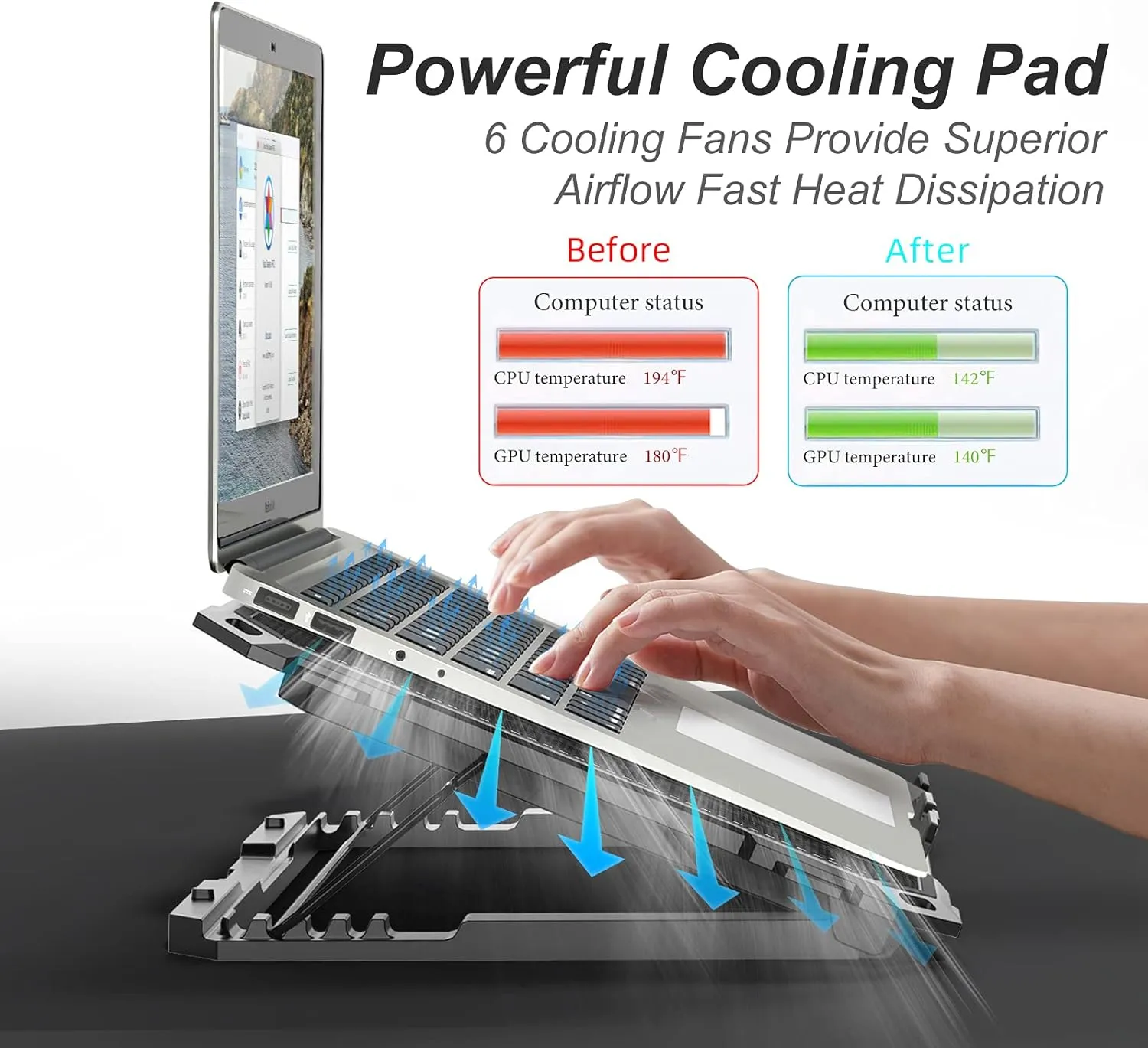 ICE COOREL Laptop Cooling Pad with 6 Cooling Fans, Cooling Pad for Laptop Fan 13-15.6 Inch, Laptop Cooler Stand with 6 Height Adjustable, Notebook Cooler Pad with Two USB Port [2022 Version]
