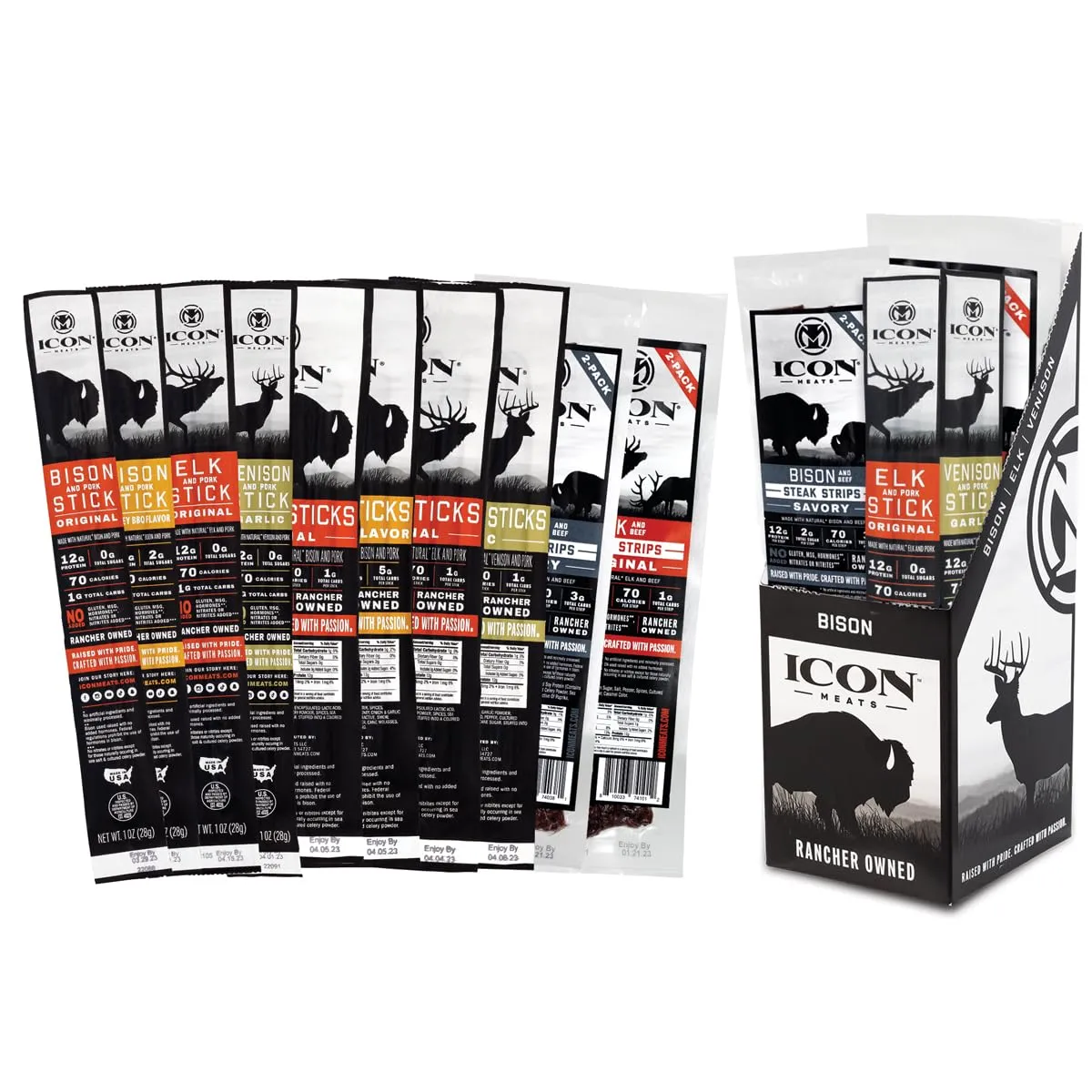 ICON Meat Stick and Steak Strip Sampler Gift Box - 10 Snacks Per Box - Assorted Flavors of Bison, Elk, Venison, Beef and Pork Jerky Sticks and Strips - USDA Approved, All Natural Artisan Meats