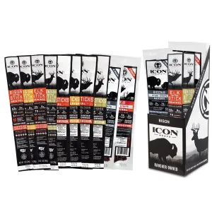ICON Meat Stick and Steak Strip Sampler Gift Box - 10 Snacks Per Box - Assorted Flavors of Bison, Elk, Venison, Beef and Pork Jerky Sticks and Strips - USDA Approved, All Natural Artisan Meats