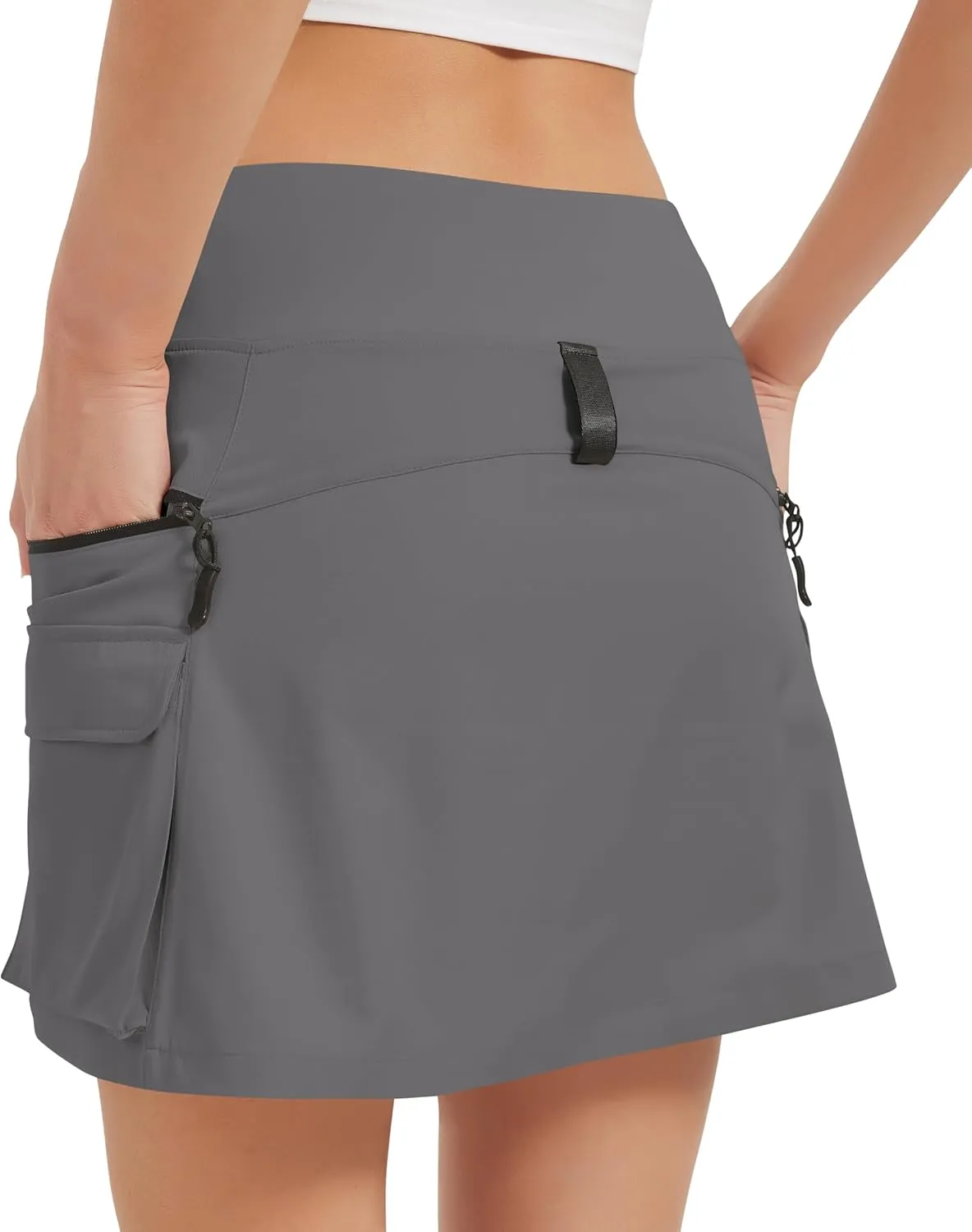 Idtswch Women's 16" High Waisted Hiking Cargo Skort with Zipper Pockets - Quick Dry Golf & Workout Skirt